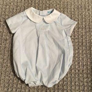 Luli + Me Baby Blue Striped Bubble Romper with Collar 3M